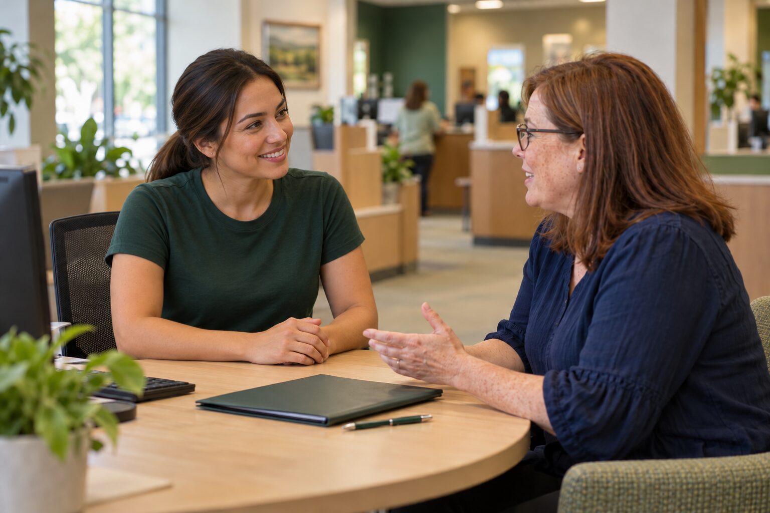 Branch consultation with green-shirted advisor